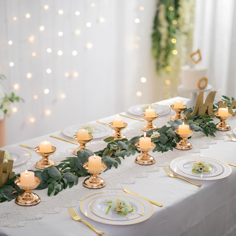 NUPTIO Gold Candle Holders for Wedding: 2 Pcs Pillar Candleholder Pedestal Stand Small Round Metal Votive Candlestick Holder for Dining Table Living Room Fireplace Mantel Decor - Image 2